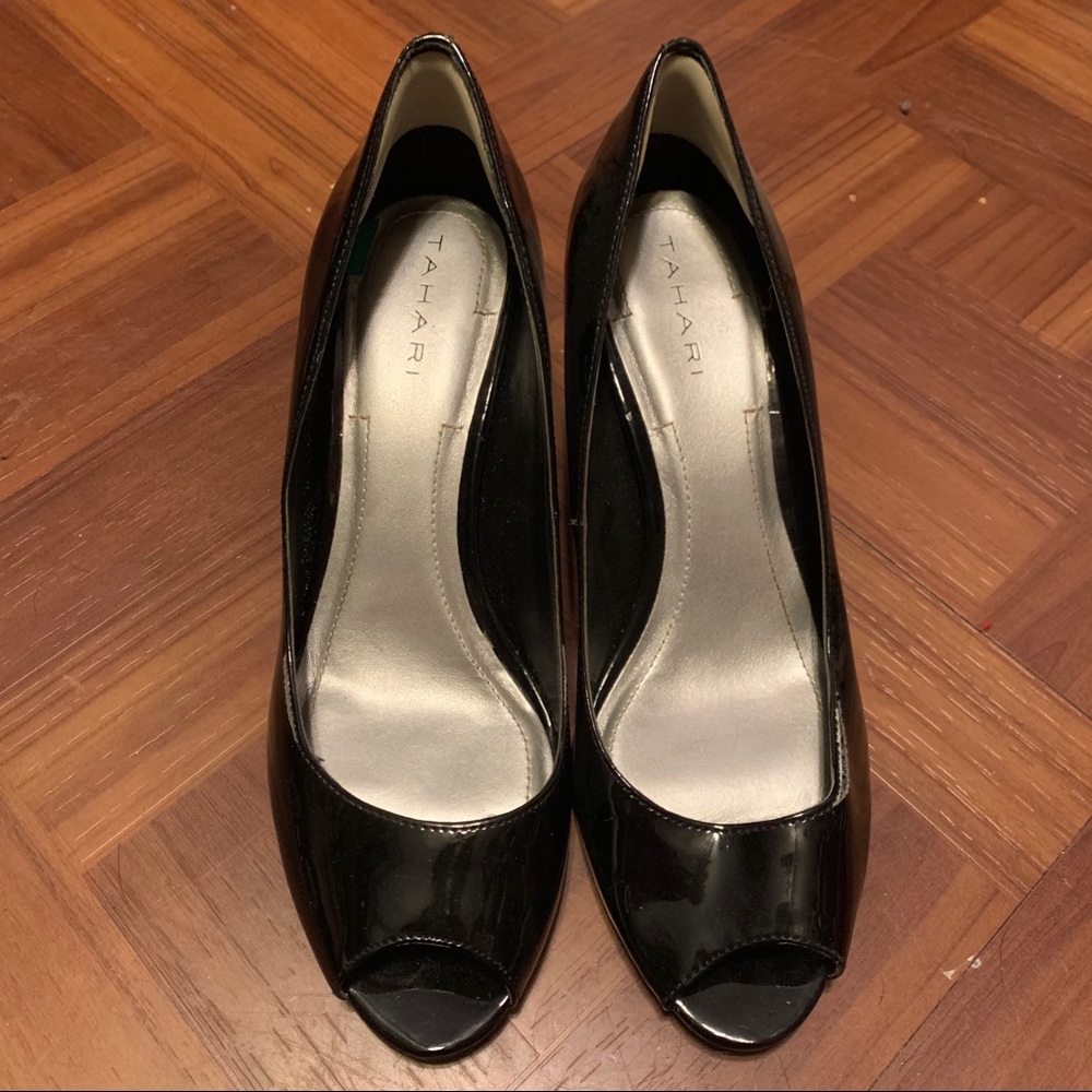 Black Patent Leather Peep toe kitten dress heel 8